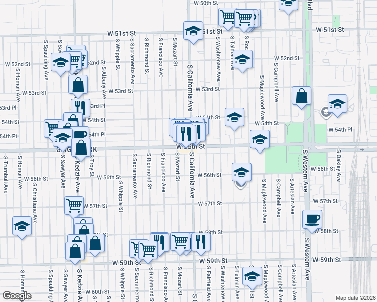 map of restaurants, bars, coffee shops, grocery stores, and more near 5521 South Mozart Street in Chicago