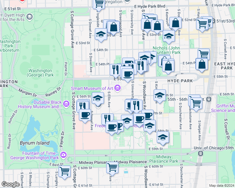 map of restaurants, bars, coffee shops, grocery stores, and more near 5555 South Ellis Avenue in Chicago
