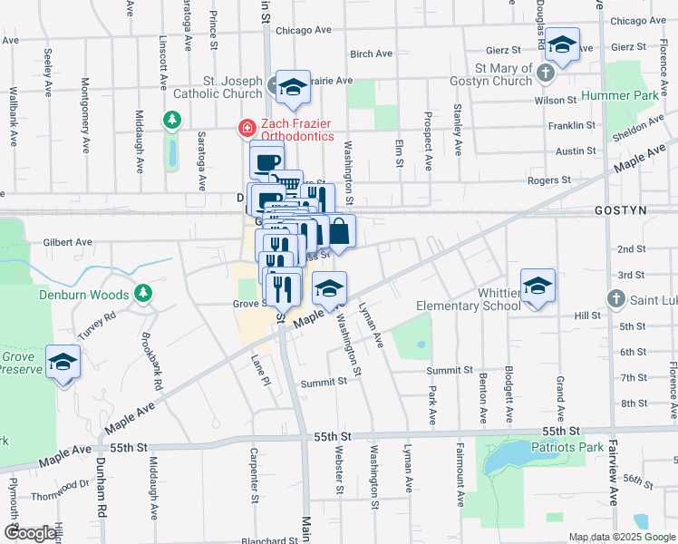 map of restaurants, bars, coffee shops, grocery stores, and more near 5202 Washington Street in Downers Grove