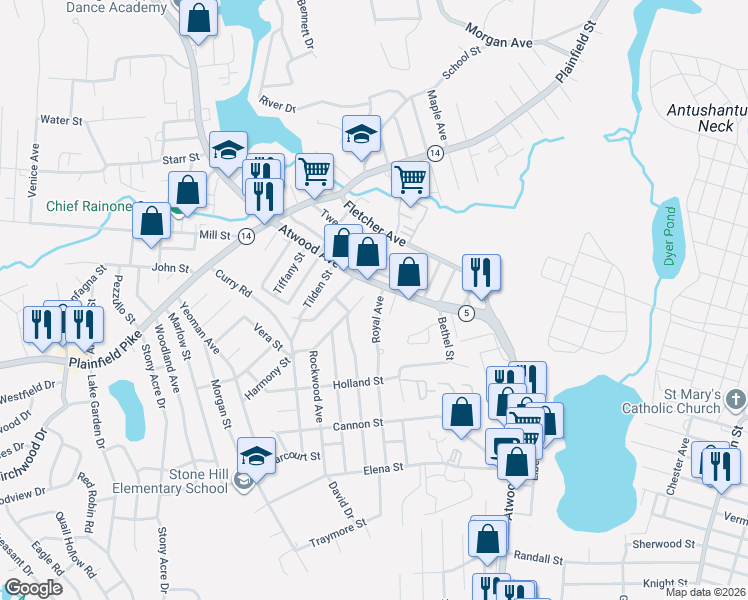 map of restaurants, bars, coffee shops, grocery stores, and more near 15 Royal Avenue in Cranston