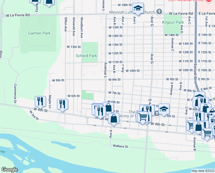 map of restaurants, bars, coffee shops, grocery stores, and more near 702 Avenue L in Sterling