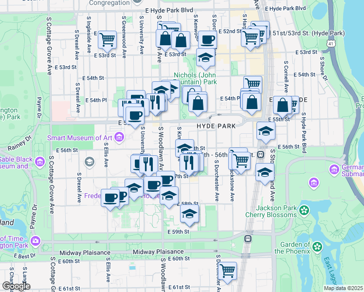 map of restaurants, bars, coffee shops, grocery stores, and more near 5551 South Kimbark Avenue in Chicago