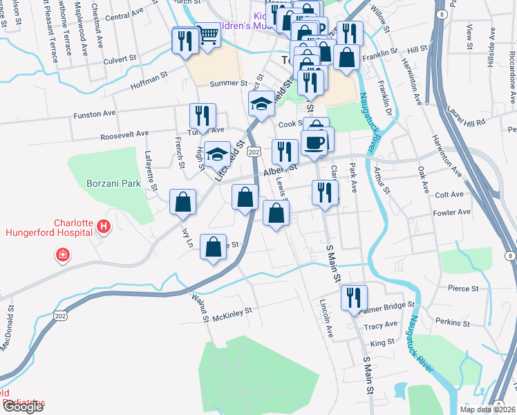 map of restaurants, bars, coffee shops, grocery stores, and more near 30 Irene Street in Torrington