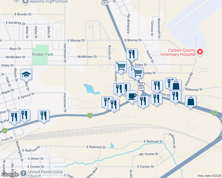 map of restaurants, bars, coffee shops, grocery stores, and more near 1801 East Cedar Street in Rawlins