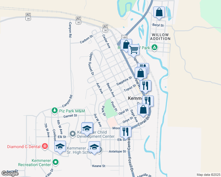 map of restaurants, bars, coffee shops, grocery stores, and more near 616 Sapphire Street in Kemmerer