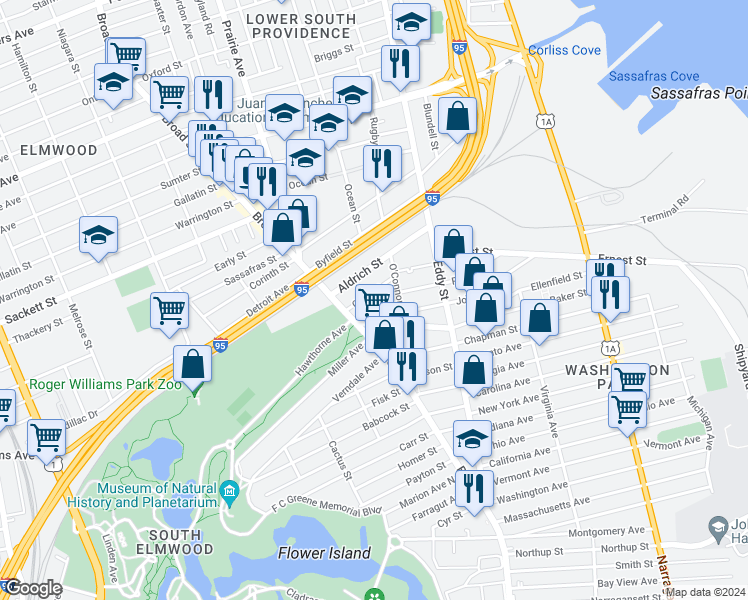 map of restaurants, bars, coffee shops, grocery stores, and more near 1228 Broad Street in Providence