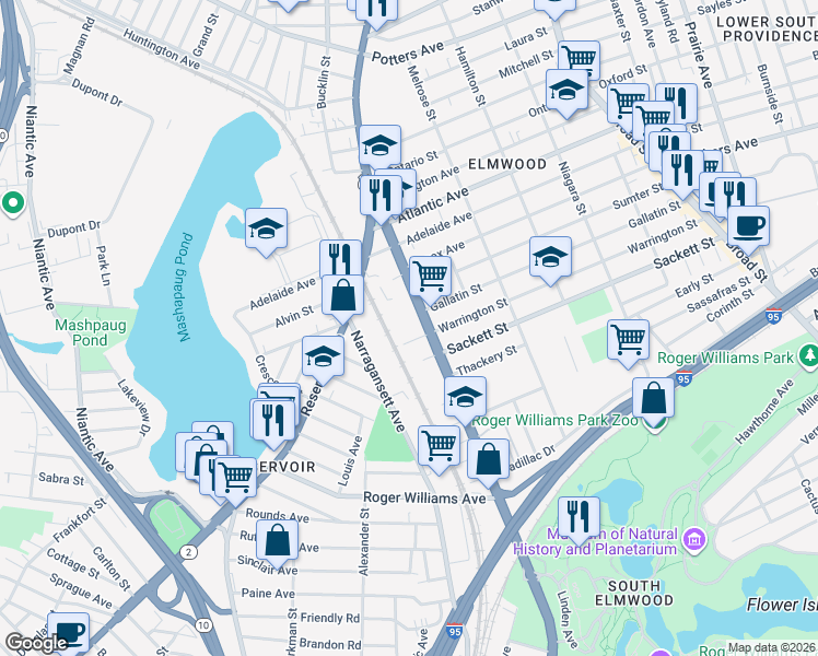 map of restaurants, bars, coffee shops, grocery stores, and more near 3353 684 Elmwood Avenue in Providence
