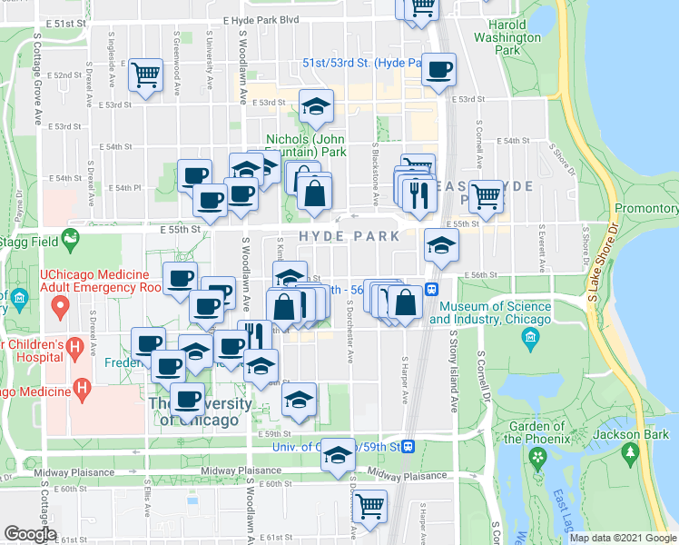 map of restaurants, bars, coffee shops, grocery stores, and more near 1357 East 56th Street in Chicago