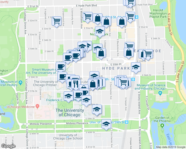 map of restaurants, bars, coffee shops, grocery stores, and more near 1321 East 56th Street in Chicago