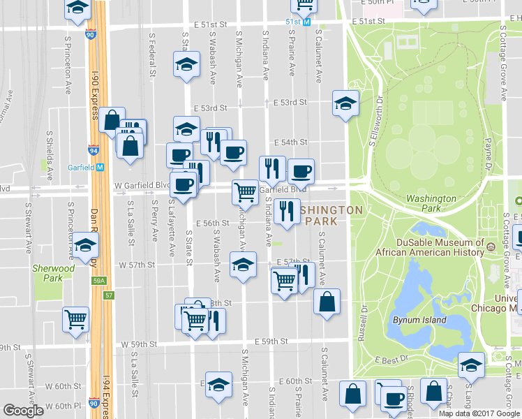 map of restaurants, bars, coffee shops, grocery stores, and more near 5542 South Indiana Avenue in Chicago