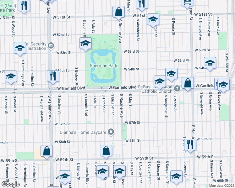 map of restaurants, bars, coffee shops, grocery stores, and more near 5529 South Elizabeth Street in Chicago