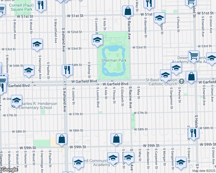 map of restaurants, bars, coffee shops, grocery stores, and more near 5524 South Ada Street in Chicago