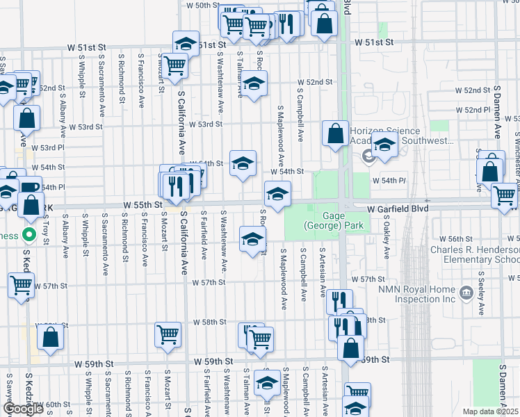 map of restaurants, bars, coffee shops, grocery stores, and more near 5516 South Maplewood Avenue in Chicago