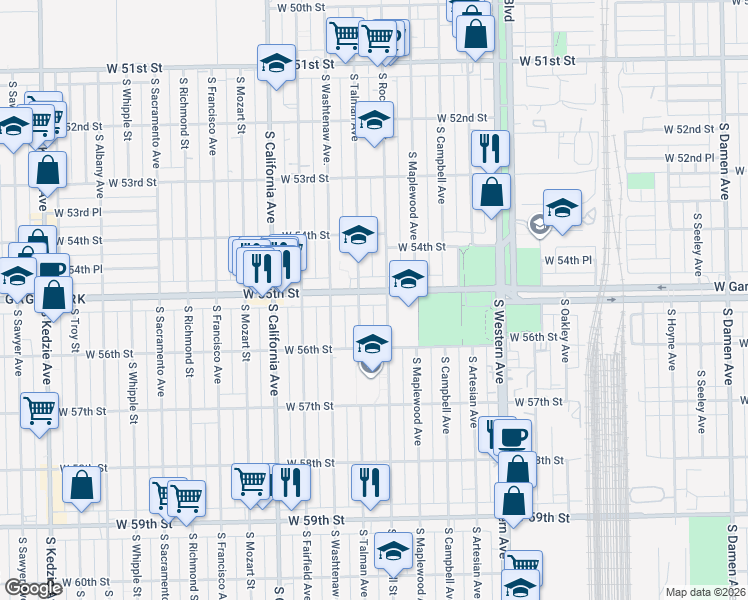 map of restaurants, bars, coffee shops, grocery stores, and more near 5525 South Talman Avenue in Chicago