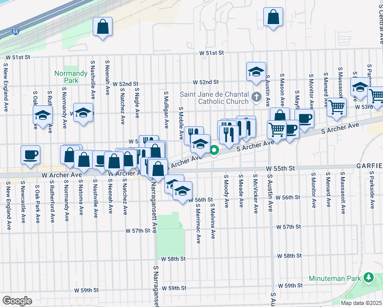 map of restaurants, bars, coffee shops, grocery stores, and more near 6301 South Archer Avenue in Chicago