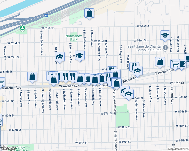 map of restaurants, bars, coffee shops, grocery stores, and more near 5438 South Natchez Avenue in Chicago