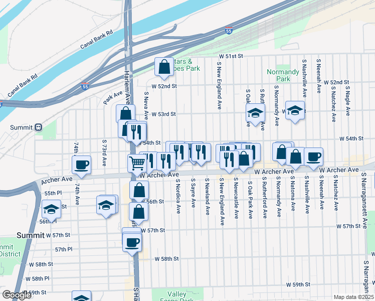 map of restaurants, bars, coffee shops, grocery stores, and more near 5430 South Sayre Avenue in Chicago