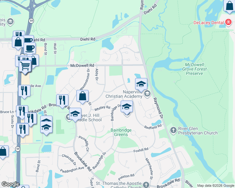 map of restaurants, bars, coffee shops, grocery stores, and more near 1552 Selby Road in Naperville