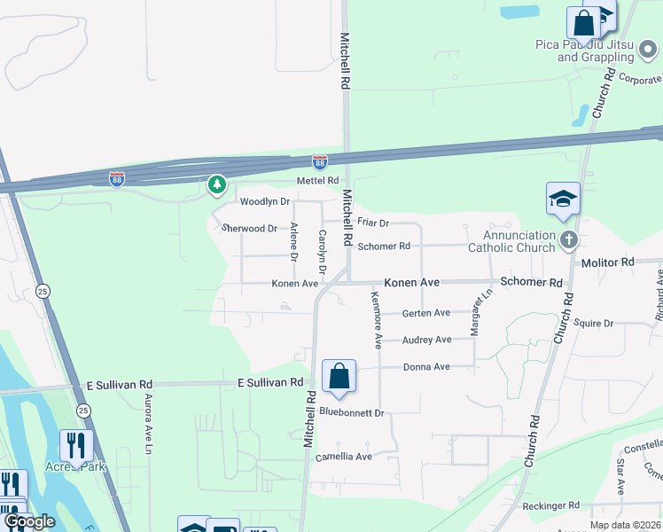 map of restaurants, bars, coffee shops, grocery stores, and more near 1820 Mitchell Road in Aurora