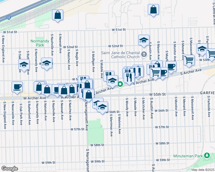 map of restaurants, bars, coffee shops, grocery stores, and more near 6301 South Archer Avenue in Chicago