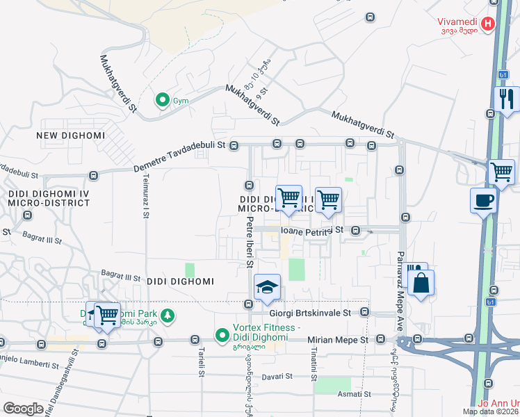 map of restaurants, bars, coffee shops, grocery stores, and more near 19 Ioane Petritsi Street in T'bilisi