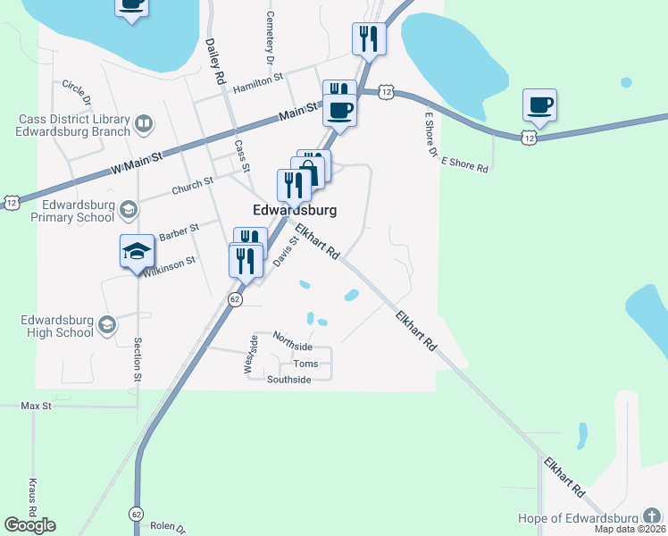 map of restaurants, bars, coffee shops, grocery stores, and more near 69240-69324 Elkhart Road in Edwardsburg