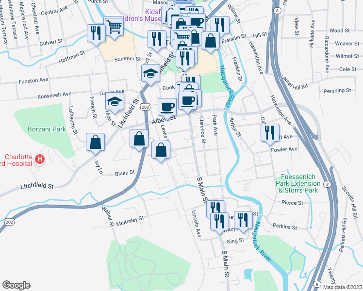 map of restaurants, bars, coffee shops, grocery stores, and more near 36 Brooker Street in Torrington