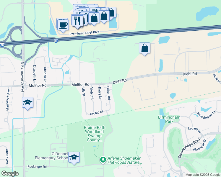 map of restaurants, bars, coffee shops, grocery stores, and more near 1781 Felten Road in Aurora
