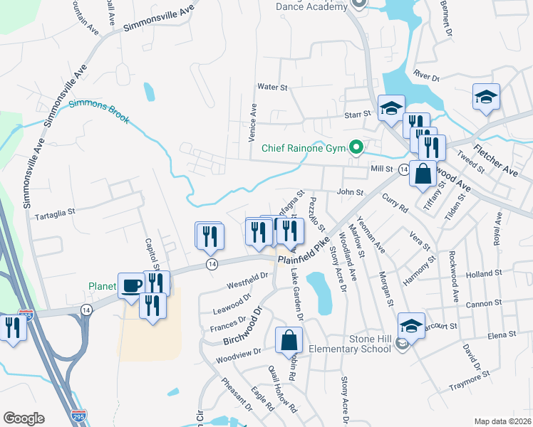 map of restaurants, bars, coffee shops, grocery stores, and more near 21 Rachela Street in Johnston