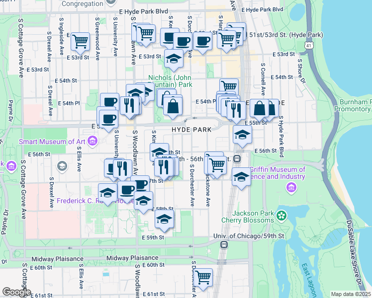 map of restaurants, bars, coffee shops, grocery stores, and more near 1357 East 56th Street in Chicago