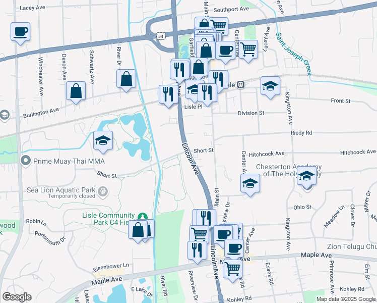 map of restaurants, bars, coffee shops, grocery stores, and more near Route 53 in Lisle