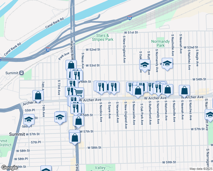 map of restaurants, bars, coffee shops, grocery stores, and more near 5430 South Sayre Avenue in Chicago