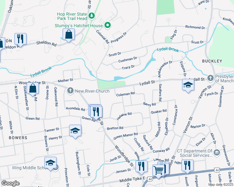 map of restaurants, bars, coffee shops, grocery stores, and more near 19 Coleman Road in Manchester