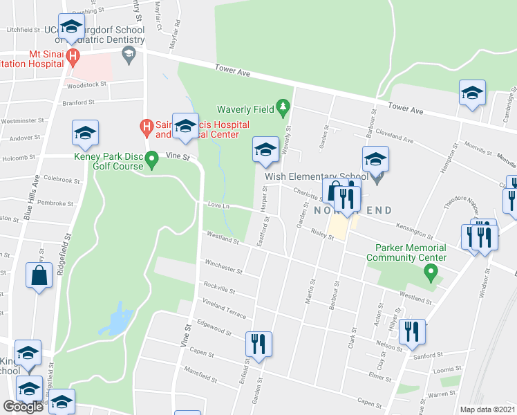 map of restaurants, bars, coffee shops, grocery stores, and more near 106 Love Lane in Hartford