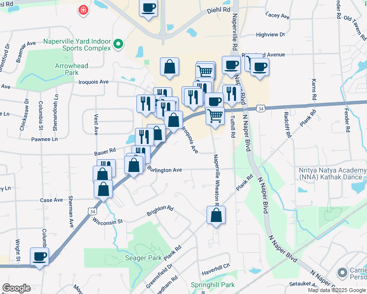 map of restaurants, bars, coffee shops, grocery stores, and more near 1240 Iroquois Avenue in Naperville