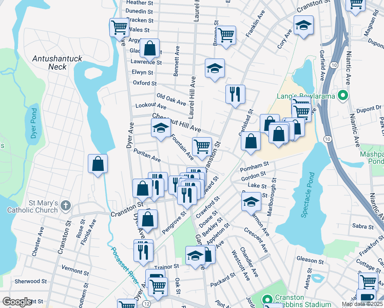 map of restaurants, bars, coffee shops, grocery stores, and more near 15 Puritan Avenue in Cranston