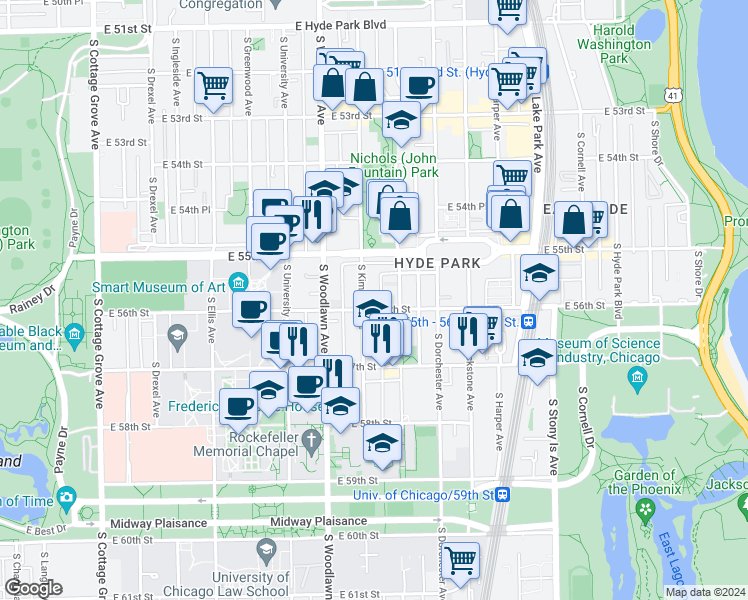 map of restaurants, bars, coffee shops, grocery stores, and more near 1321 East 56th Street in Chicago