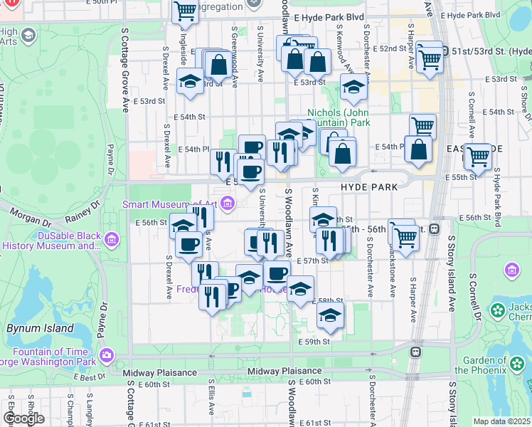 map of restaurants, bars, coffee shops, grocery stores, and more near 5556 South University Avenue in Chicago