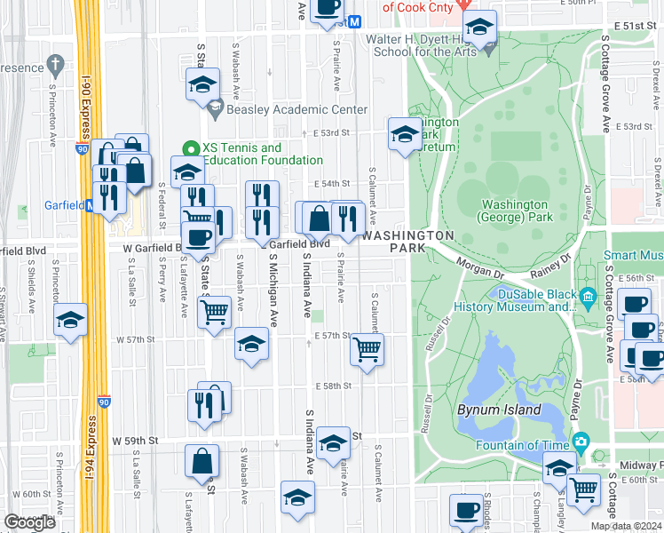 map of restaurants, bars, coffee shops, grocery stores, and more near 230 East 56th Street in Chicago