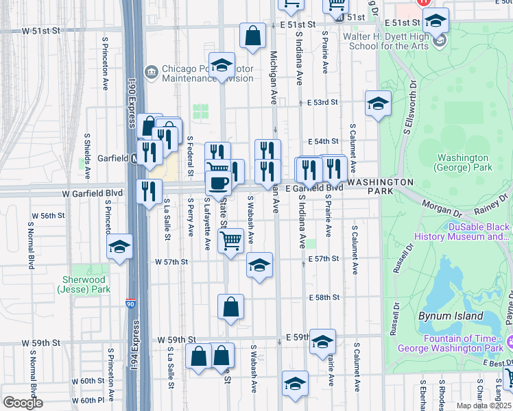 map of restaurants, bars, coffee shops, grocery stores, and more near 5600 South Wabash Avenue in Chicago