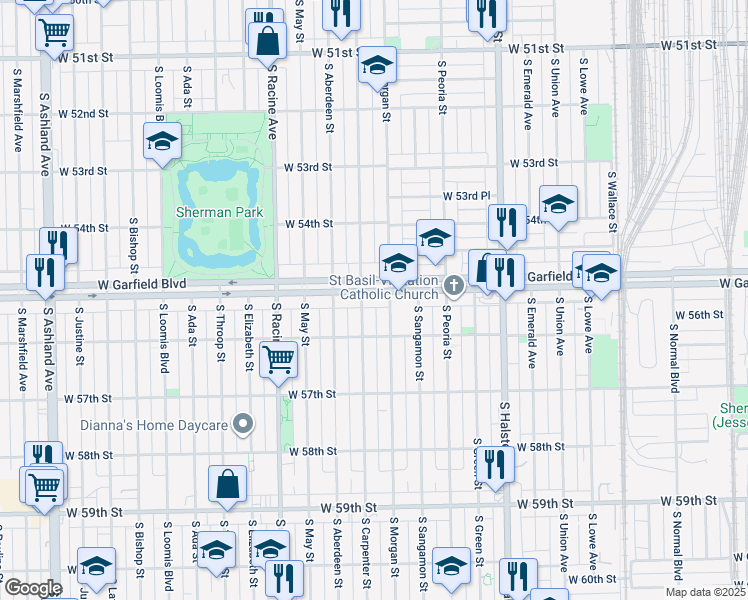 map of restaurants, bars, coffee shops, grocery stores, and more near 5527 South Carpenter Street in Chicago