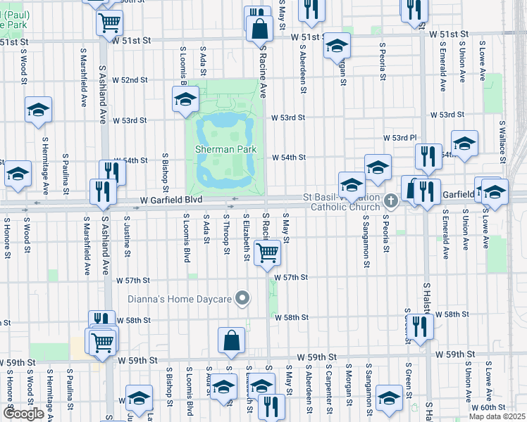map of restaurants, bars, coffee shops, grocery stores, and more near 5529 South Elizabeth Street in Chicago
