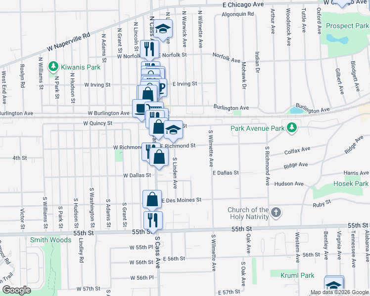 map of restaurants, bars, coffee shops, grocery stores, and more near 135 E Richmond St in Westmont