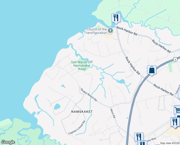 map of restaurants, bars, coffee shops, grocery stores, and more near 36 Gull Lane in Orleans