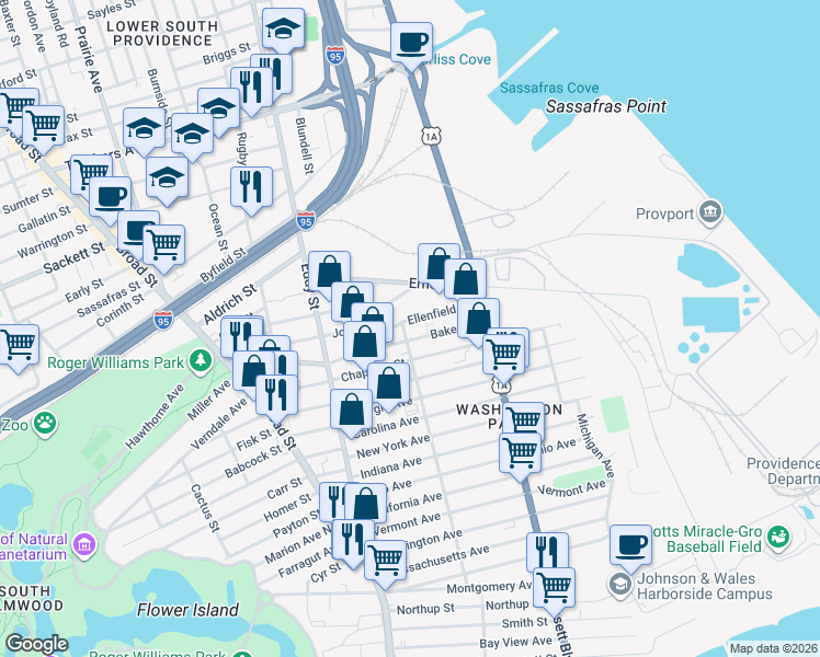 map of restaurants, bars, coffee shops, grocery stores, and more near 30 Virginia Avenue in Providence