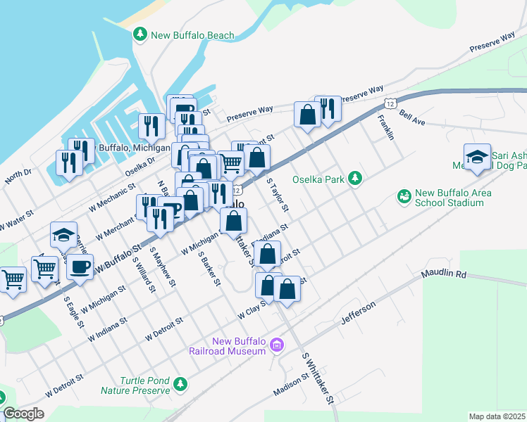 map of restaurants, bars, coffee shops, grocery stores, and more near 35 James Dante Drive in New Buffalo