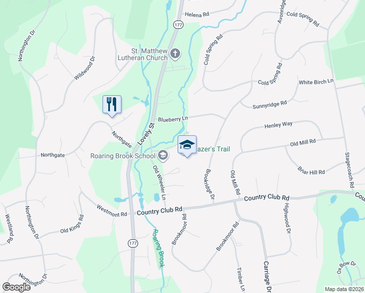 map of restaurants, bars, coffee shops, grocery stores, and more near 30 Old Wheeler Lane in Avon