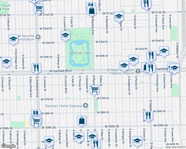 map of restaurants, bars, coffee shops, grocery stores, and more near 5500 South Racine Avenue in Chicago