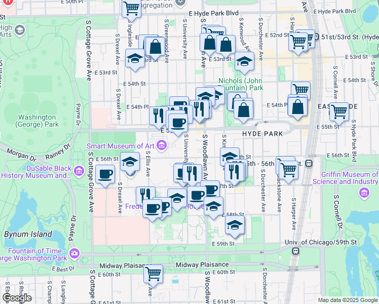 map of restaurants, bars, coffee shops, grocery stores, and more near 5557-59 South University Avenue in Chicago