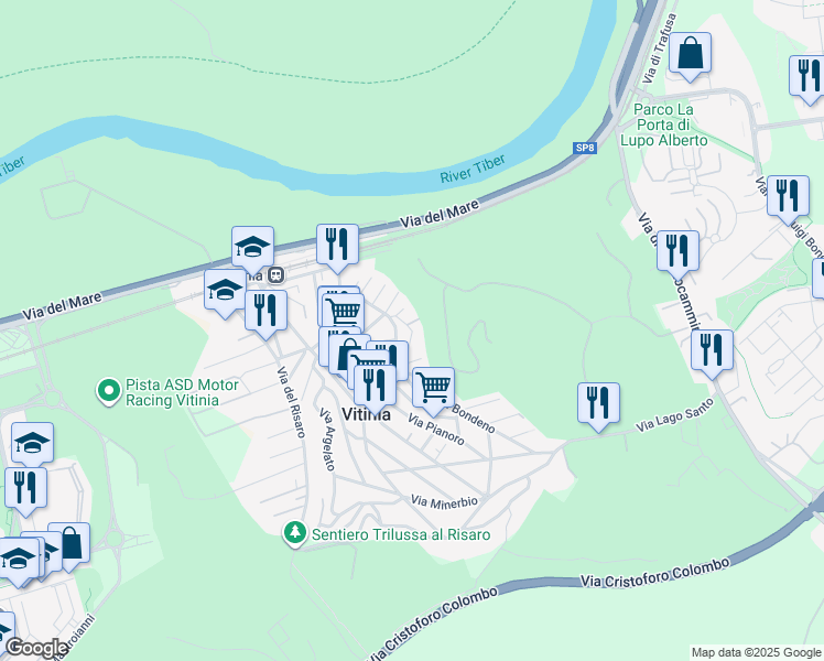 map of restaurants, bars, coffee shops, grocery stores, and more near 19 Via Camugnano in Vitinia
